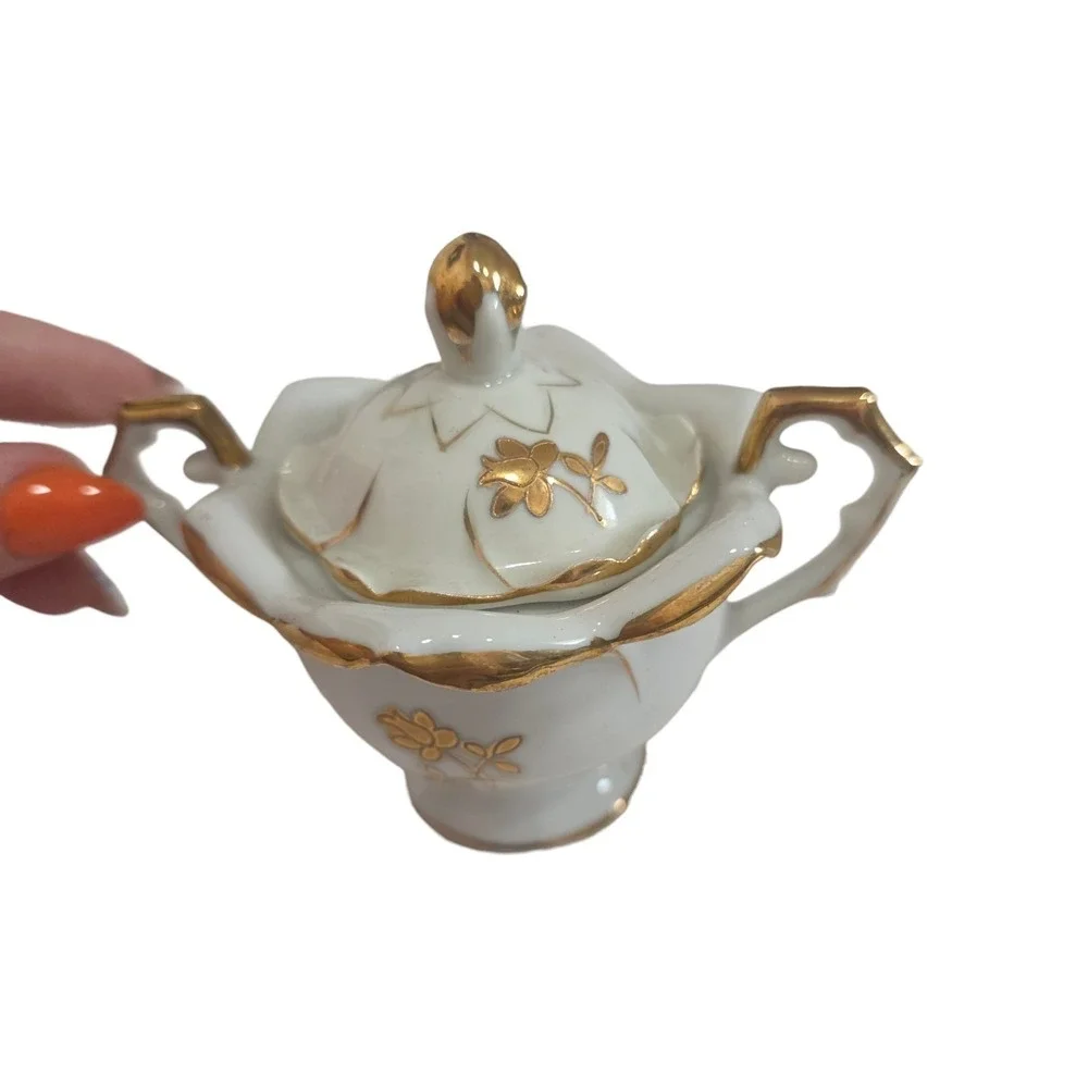 Vintage UCAGCO Hand Painted Japan Creamer & Covered Sugar Bowl Gold Floral Set